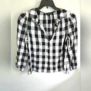 J. Crew Checkered Black White Blouse Metallic Thread
